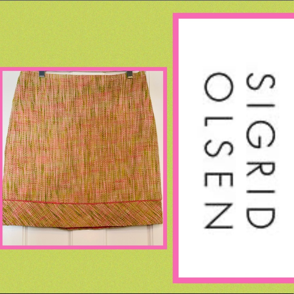 Sigrid Olsen Pink and Green Plaid Wool Pencil Skirt